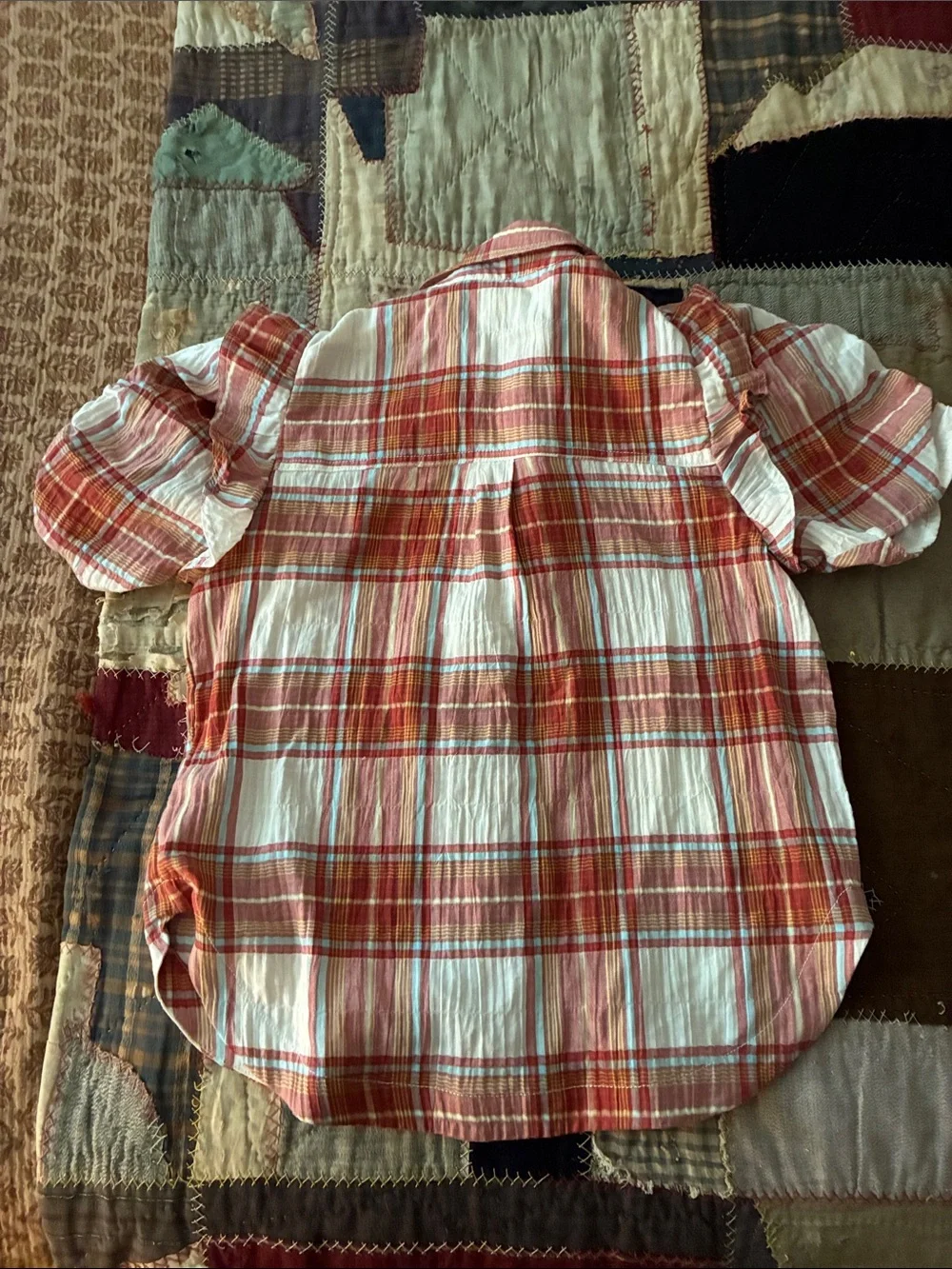 Anthropologie Pink & White Plaid Puff-Sleeve Button-Up Blouse